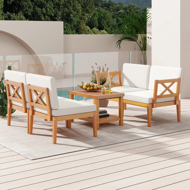 5 Pieces Acacia Wood Patio Furniture Set Outdoor Sectional Conversation Set with Cushions-Off White - Off White - Patio