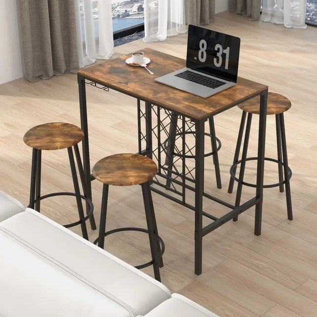 5 Pieces Bar Table and Stools Set with Wine Rack and Glass Holder-Rustic Brown Costway