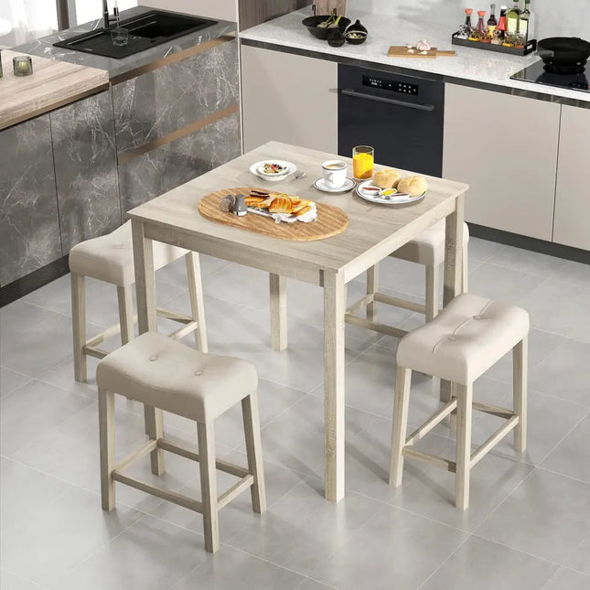 5 Pieces Bar Table Set with Square Table and 4 Padded Stools-Gray Costway