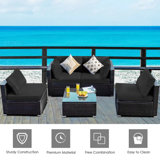 5 Pieces Cushioned Patio Rattan Furniture Set with Glass Table-Black - Black - Outdoor Sectionals