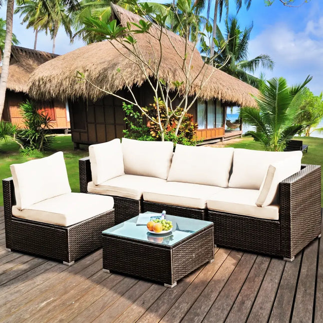 5 Pieces Cushioned Patio Rattan Furniture Set with Glass Table-White - White - Outdoor Sectionals
