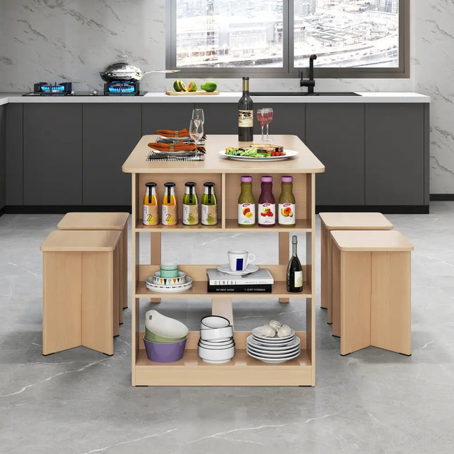 5 Pieces Dining Table Set with Storage Shelf and 4 Stools-Natural Costway