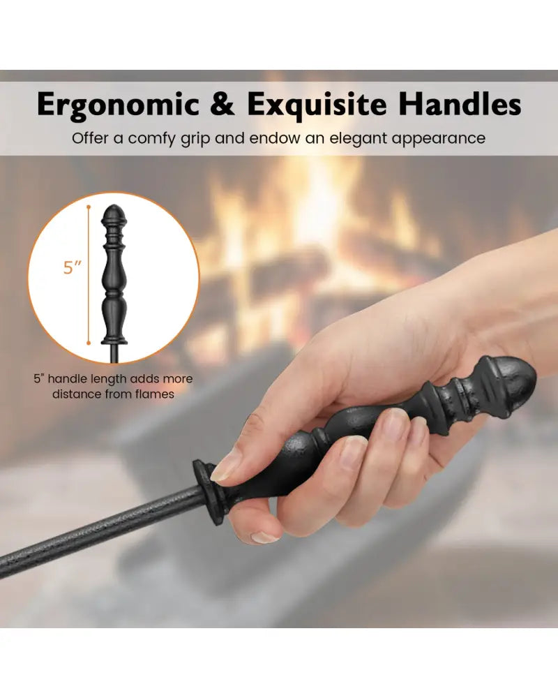 5-Pieces Fireplace Tool Set with Poker Tongs Brush Shovel and Round Stand - Fireplace Tools