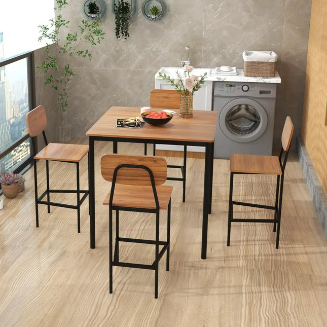 5 Pieces Industrial Dining Table Set with Counter Height Table and 4 Bar Stools-Walnut Costway