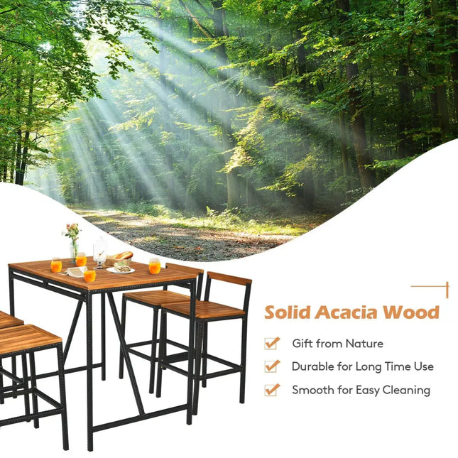 5 Pieces Outdoor Acacia Wood and PE Rattan Bar Set - Brown - Patio Bar Furniture