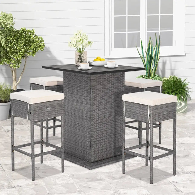 5 Pieces Outdoor Wicker Bar Table Set with Hidden Storage Shelves-White - Beige - Patio Bar Furniture