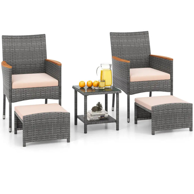 5 Pieces Patio Conversation Set with Soft Cushions and Ottomans-Beige - Beige - Patio Conversation Sets