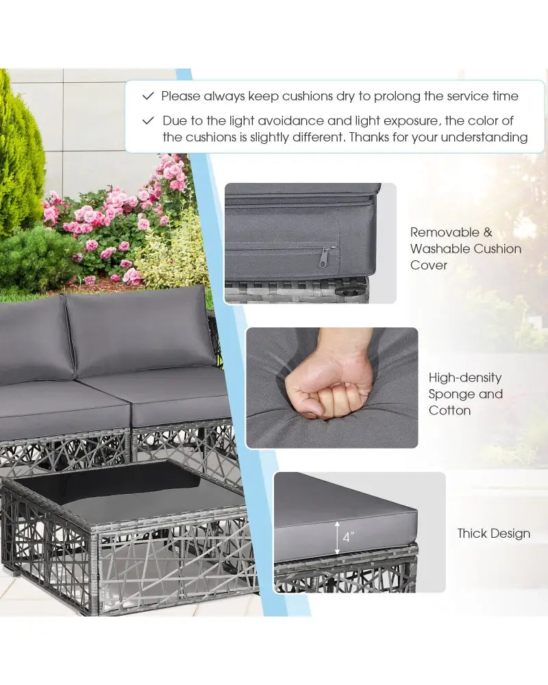 5 Pieces Patio PE Rattan Wicker Sofa Furniture Set-Gray - Gray - Outdoor Sectionals