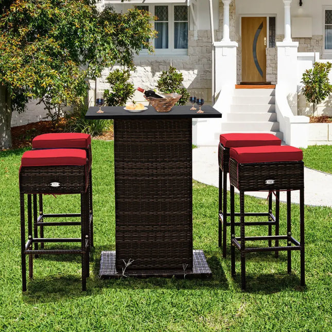 5 Pieces Patio Rattan Bar Table Stool Set Hidden Storage Shelf Cushioned-Red - Red - Patio Bar Furniture