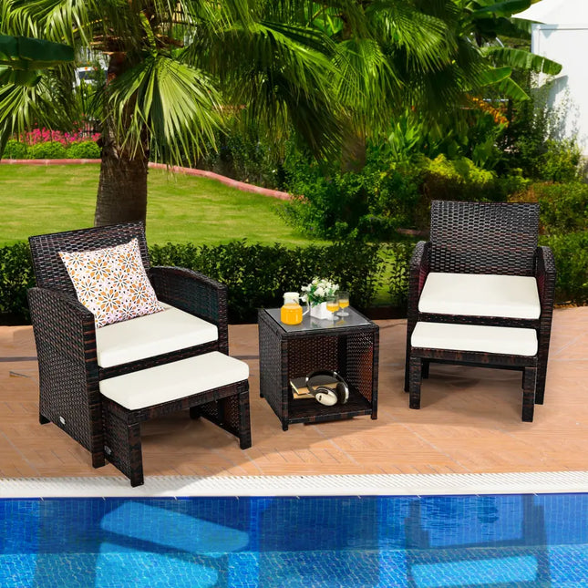 5 Pieces Patio Rattan Furniture Set with Ottoman and Tempered Glass Coffee Table-White - White - Outdoor Seating &