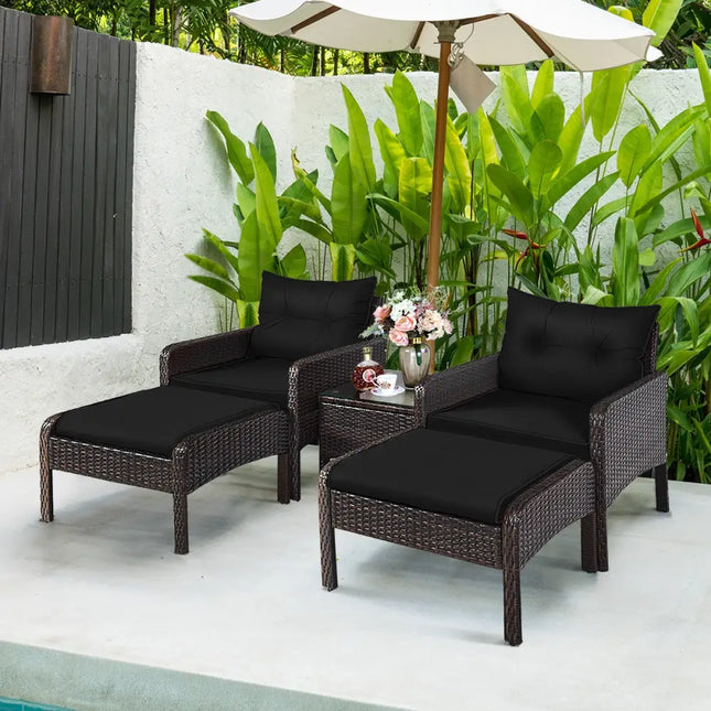5 Pieces Patio Rattan Sofa Ottoman Furniture Set with Cushions-Black - Black - Patio Furniture Sets