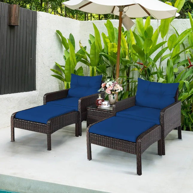 5 Pieces Patio Rattan Sofa Ottoman Furniture Set with Cushions-Navy - Navy - Patio Furniture Sets