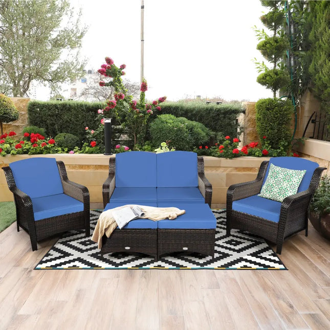 5 Pieces Patio Rattan Sofa Set with Cushion and Ottoman-Navy - Navy - Outdoor Sectionals