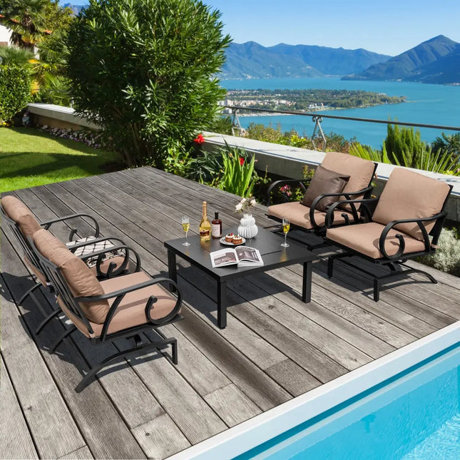 5 Pieces Patio Rocking Chairs and 4-in-1 Fire Pit Table with Fire Poker - Brown - Patio Conversation Sets