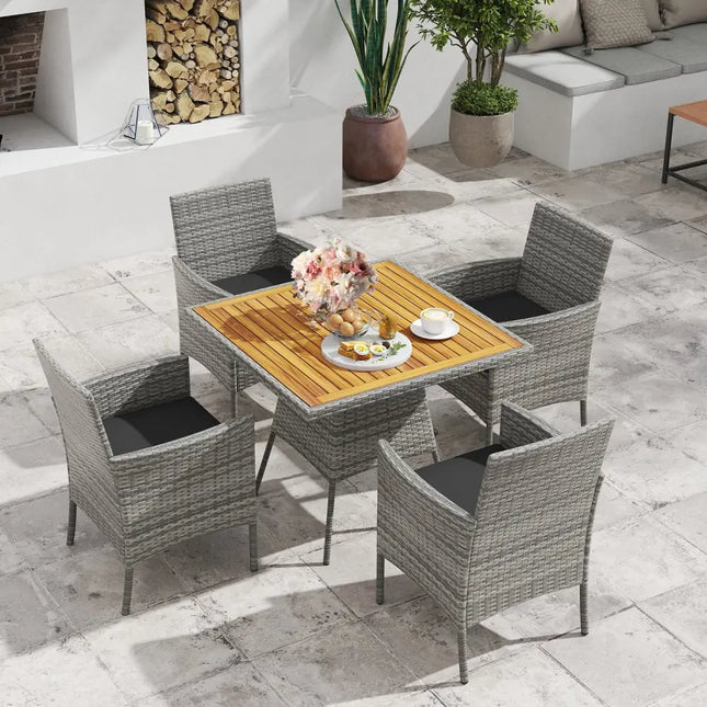 5 Pieces PE Wicker Patio Dining Set Outdoor Acacia Wood Table and Chairs-Black - Black - Patio Dining Sets