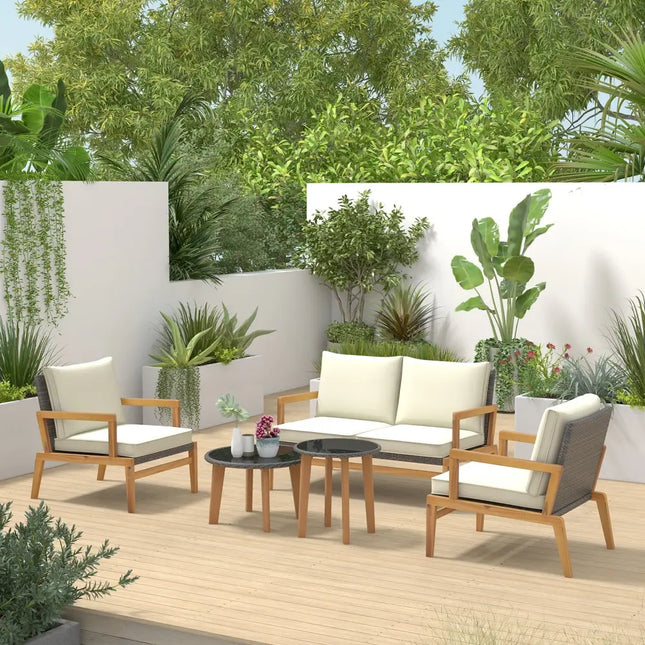 5 Pieces Rattan Furniture Set Wicker Woven Sofa Set with 2 Coffee Tables-Off White - Off White - Patio Conversation Sets
