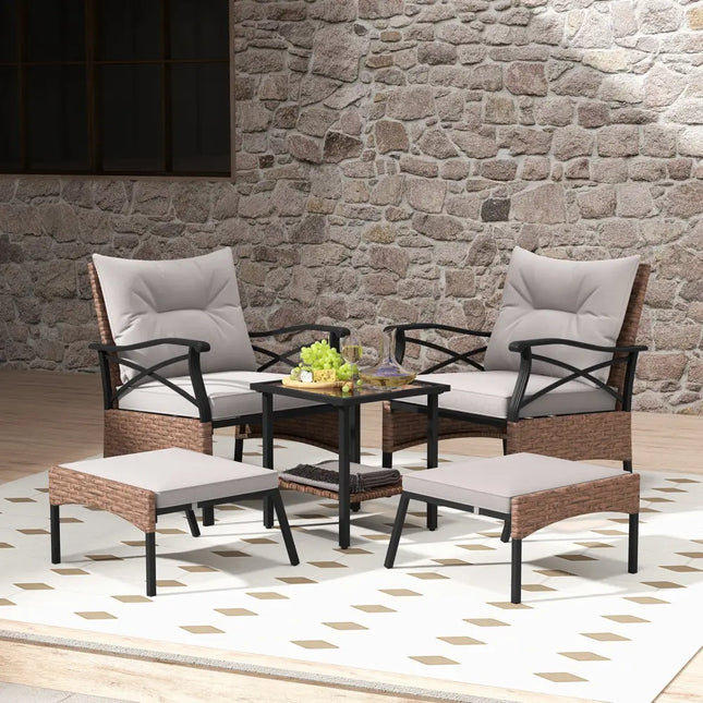 5 Pieces Wicker Patio Furniture Set Ottomans and Cushions and 2-Tier Tempered Glass Side Table-Brown - Brown - Patio
