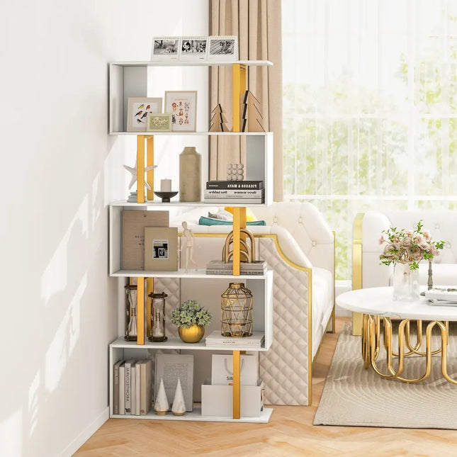 5-Tier/6-Tier Geometric Bookcase with Metal Frame and Anti-tipping Kits-5 Tier Costway