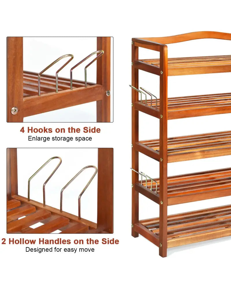 5-Tier Acacia Wood Shoe Rack with Side Metal Hooks - Natural - Shoe Racks & Storage Benches