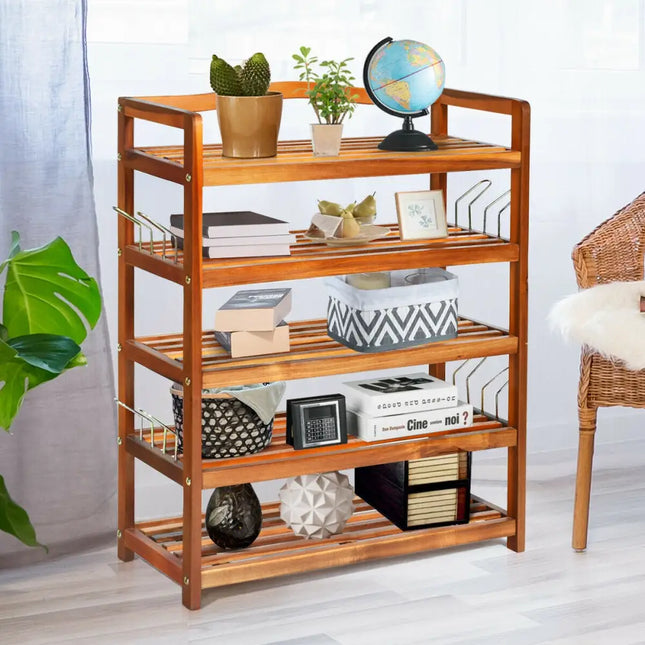5-Tier Acacia Wood Shoe Rack with Side Metal Hooks - Natural - Shoe Racks & Storage Benches