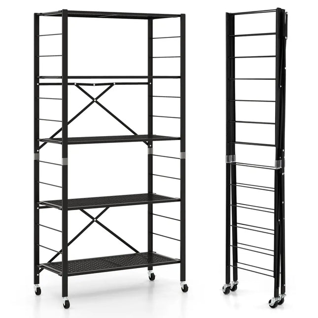 5-Tier Adjustable Shelves with Wheels for Garage Kitchen Balcony-Black - Black - Garages