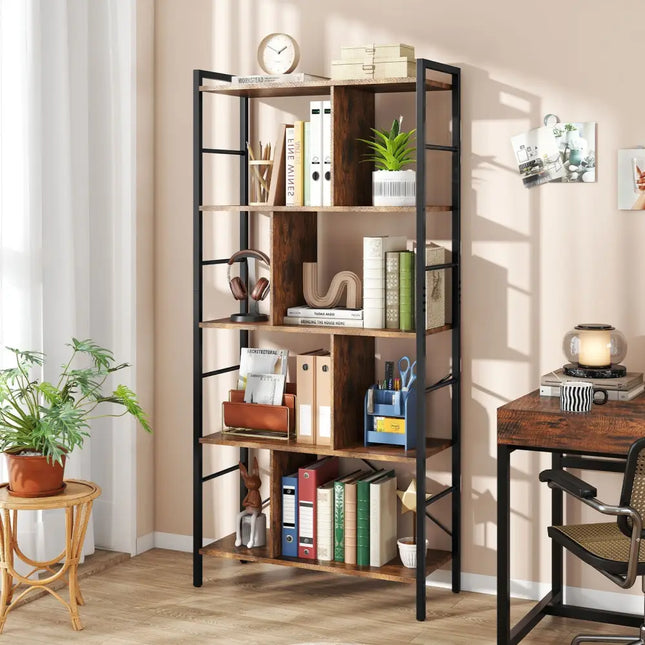 5-tier Bookcase 61 Inch Tall Industrial Bookshelf with Metal Frame Costway