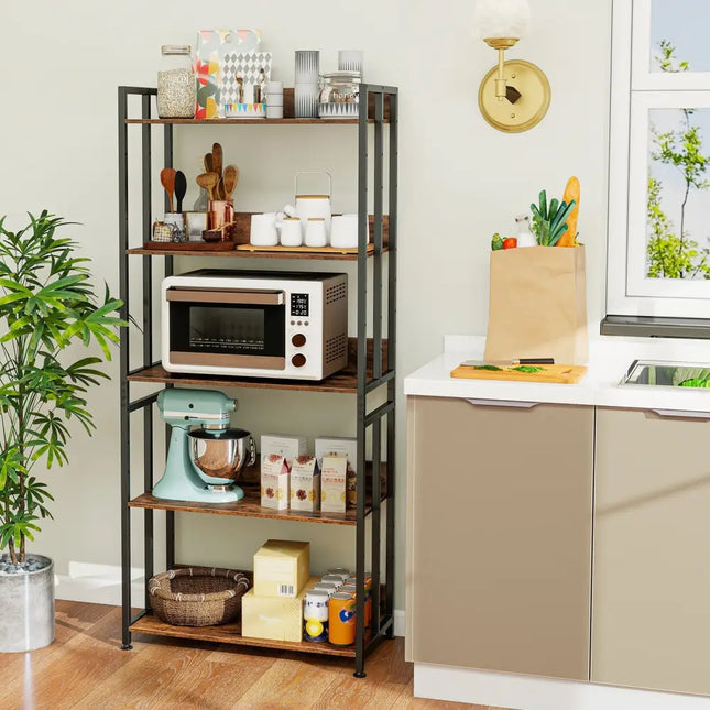 5-Tier Bookshelf with Adjustable and Tiltable Shelves-Rustic Brown Costway