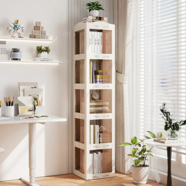 5-Tier Foldable Rotating Bookshelf 360° Spinning Bookcase with Swivel Base-White Costway