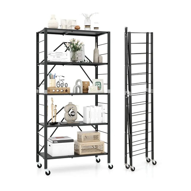 5-Tier Foldable Storage Shelf with Wheels-Black - Black - Cabinets & Chests