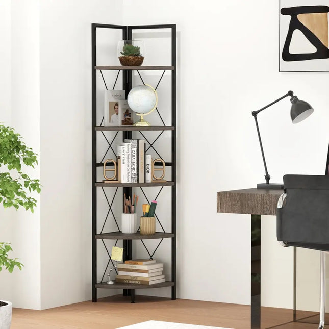 5-Tier Freestanding Corner Shelf 63 Inch Tall Storage Rack-Oak - Oak - Bookcases