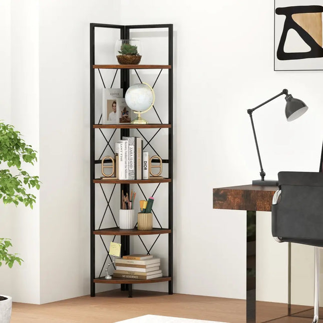 5-Tier Freestanding Corner Shelf 63 Inch Tall Storage Rack-Rustic Brown - Rustic Brown - Bookcases
