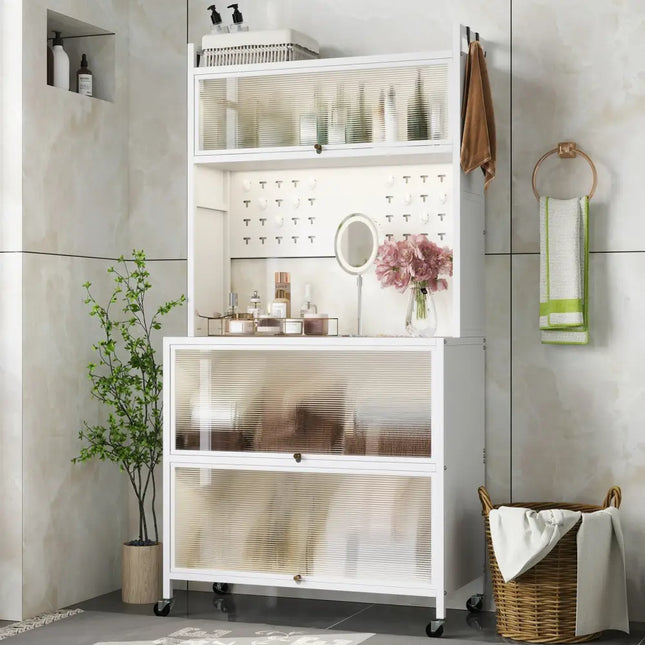5 Tier Kitchen Bakers Rack with Lights Multifunctional Microwave Stand with Flip Door Cabinets-White - White