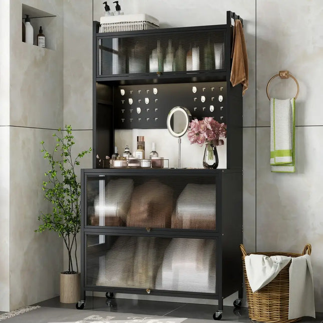 5 Tier Kitchen Bakers Rack with Lights Multifunctional Microwave Stand with Flip Door Cabinets-Black - Black