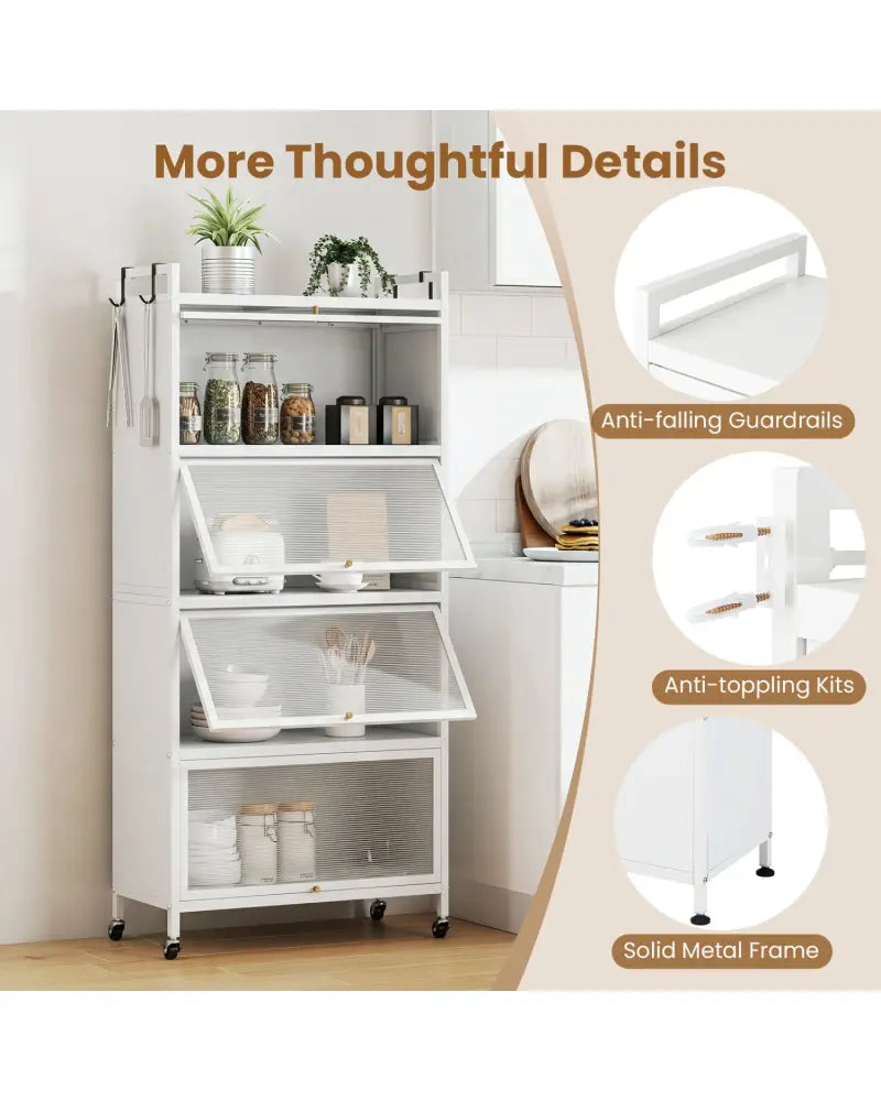 5-Tier Kitchen Storage Cabinet with 4 Flip-up PC Doors Adjustable Feet and Rolling Wheels-White - White - Sideboards