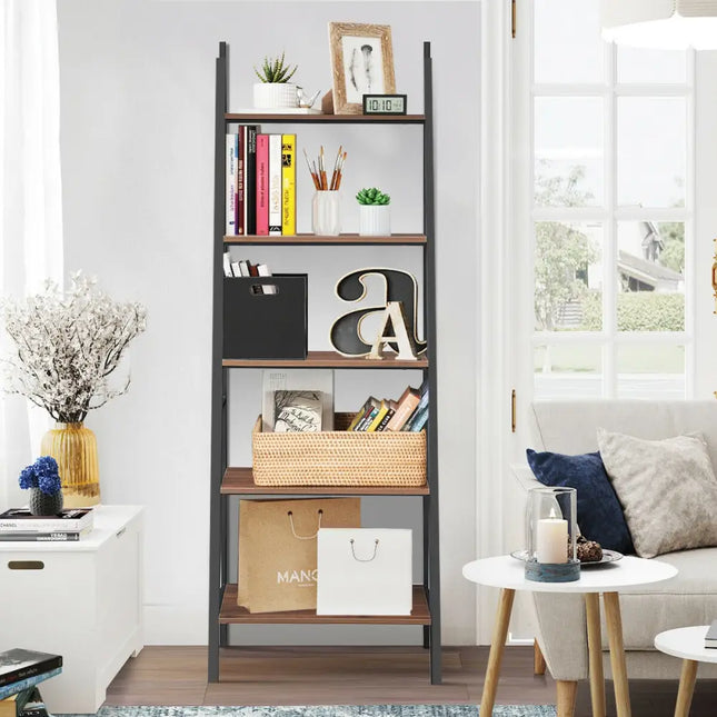 5 Tier Leaning Bookshelf Wood Metal Bookcase - Bookcases