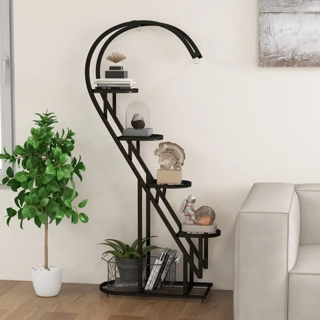 5 Tier Metal Plant Stand with Hanging Hook for Multiple Plants-Black - Black - Plant Stands