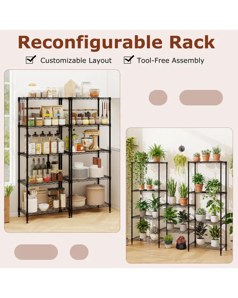 5-Tier Metal Storage Shelving Unit Set of 2 with V-Shaped Wire Rack-Black - Black - Garages