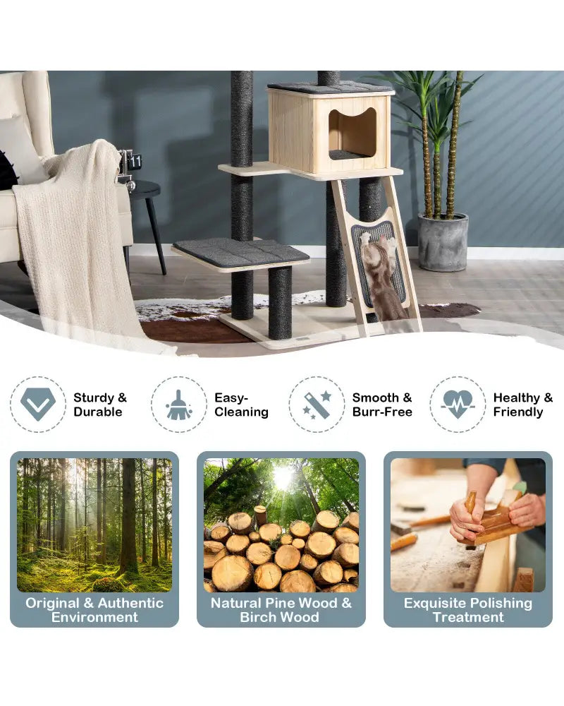 5-Tier Modern Wood Cat Tower with Washable Cushions-Gray - Gray - Cat Trees Condos & Scratchers