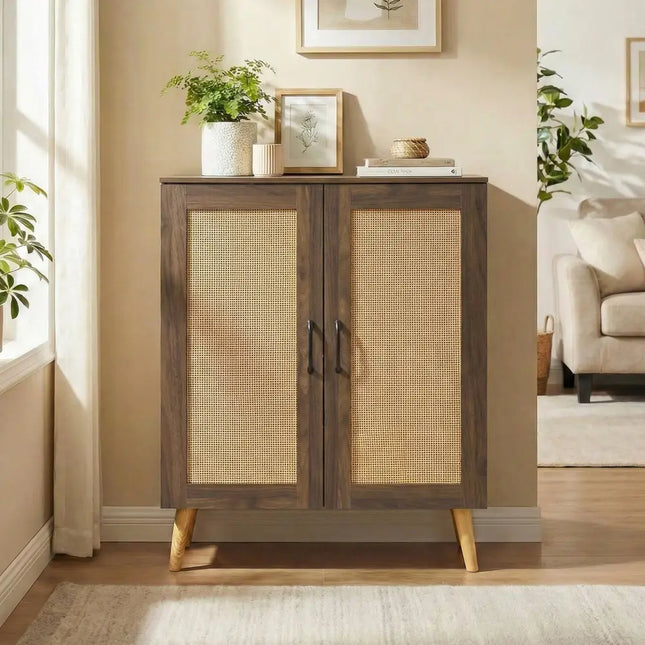 5-Tier Rattan Shoe Cabinet with 3 Removable Shelves-Walnut - Walnut - Shoe Racks & Storage Benches