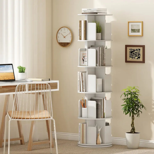 5-Tier Rotating Bookshelf 360° Display Rack with Dividers and Anti-falling Baffles-White - White - Bookcases