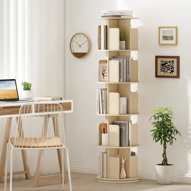 5-Tier Rotating Bookshelf 360° Display Rack with Dividers and Anti-falling Baffles-Natural - Natural - Bookcases