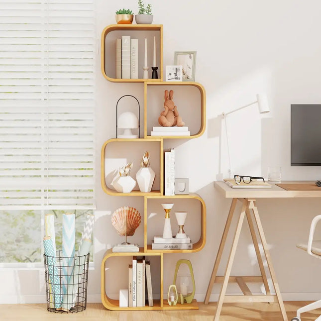 5-Tier S-Shaped Bookcase with 5 Open Cubes for Living Room-Natural - Natural - Bookcases