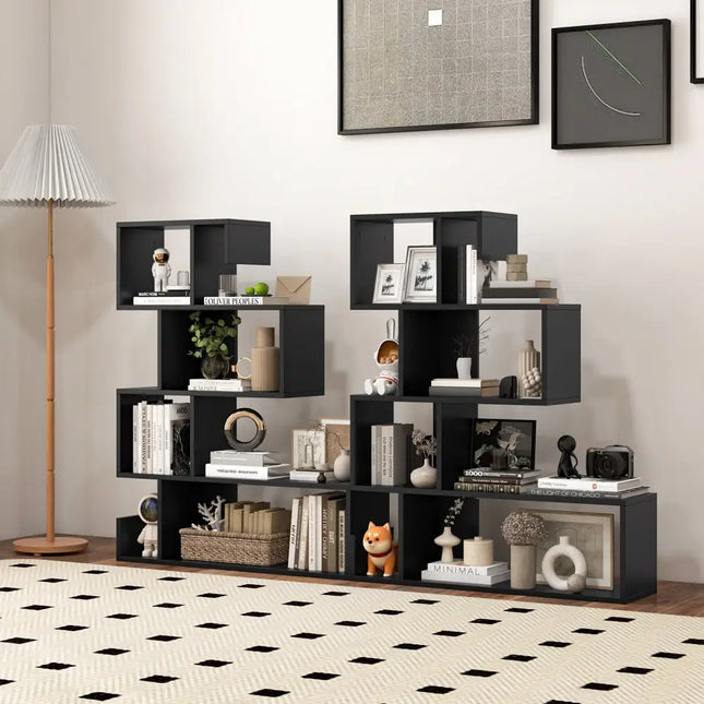 5-Tier S-Shaped Bookshelf Geometric Z-Shelf Bookcase with Open Cubes-Black - Black - Bookcases