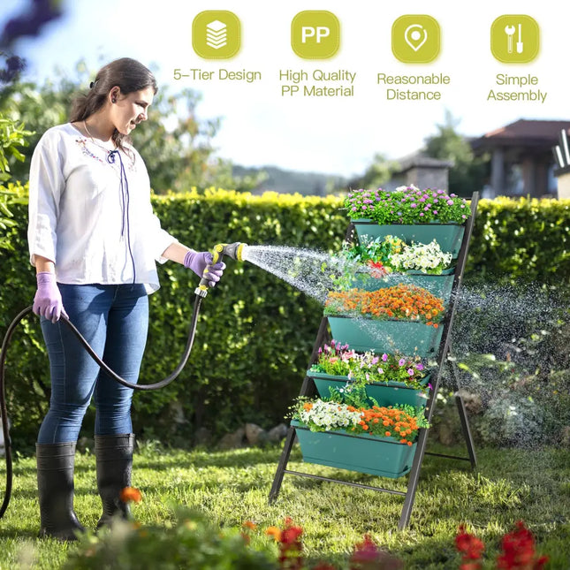 5-tier Vertical Garden Planter Box Elevated Raised Bed with 5 Container-Green - Green - Raised Garden Beds