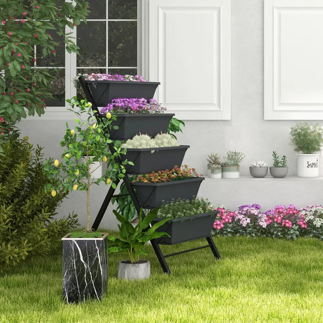 5-Tier Vertical Raised Garden Bed with Wheels and Container Boxes - Black - Raised Garden Beds