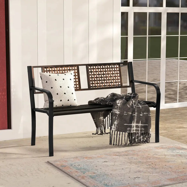 50 Inch Outdoor Metal Garden Bench with Rattan-Like Backrest for 2-3 People-Black - Black - Outdoor Benches