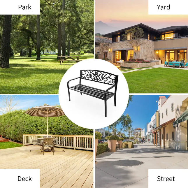 50 Inch Patio Park Steel Frame Cast Iron Backrest Bench Porch Chair - Black - Outdoor Benches