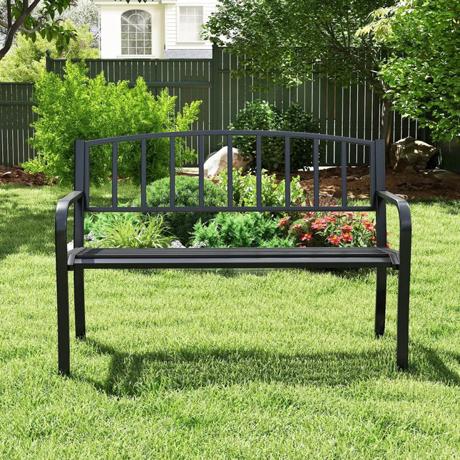 50 Inches Outdoor Garden Bench with Slatted Backrest and Curved Armrests-Black - Black - Outdoor Benches