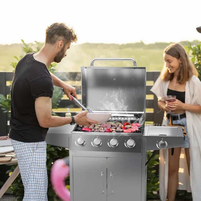 50000BTU 5-Burner Propane Gas Grill with Side Burner and 2 Prep Tables-Silver - Silver - Outdoor