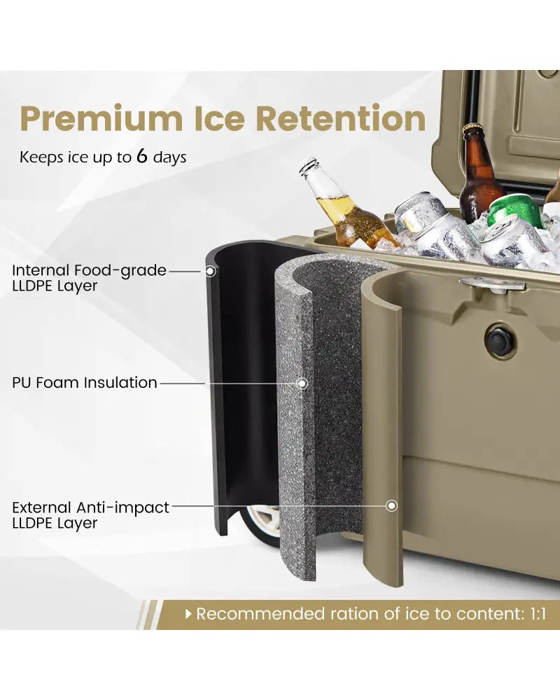 52 Quart Portable Hard Cooler with 6-Day Ice Retention and Wheels-Khaki - Khaki - Coolers